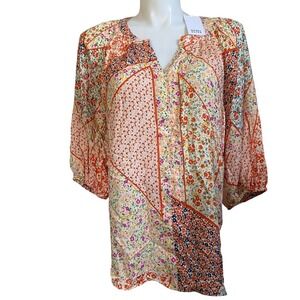 Rose Olive Patchwork Floral V Neck 1X Blouse Top Women New With Tags